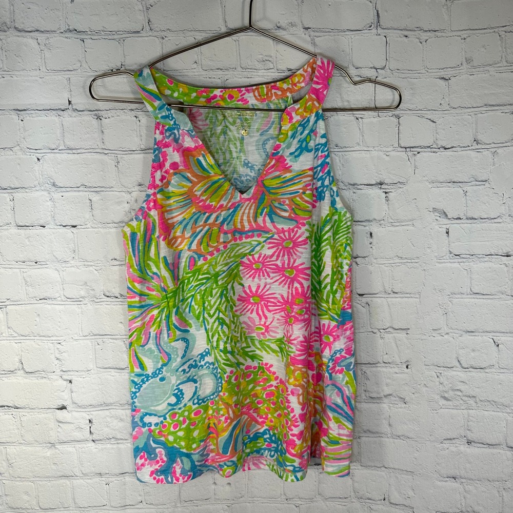 Lilly Pulitzer Womens XS V-Neck Cotton Tank Top Tropical Floral Print 98643